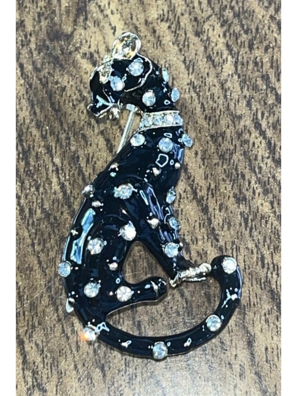 Cat Leopard Brooch Pin Black Enamel Sparkle Rhinestone Animal Jewelry Gift